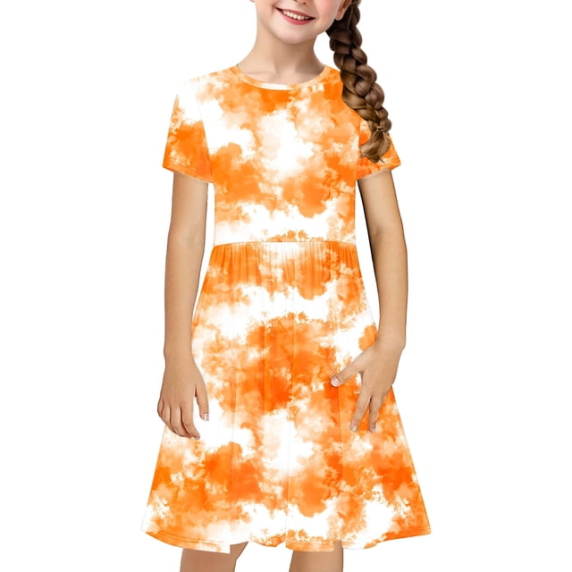 Robe Fille Été Patineuse Robe T-Shirt Teinture sur Nœuds Décontractée à Manches Courtes Robe Fluide pour Enfants 4-14 Ans