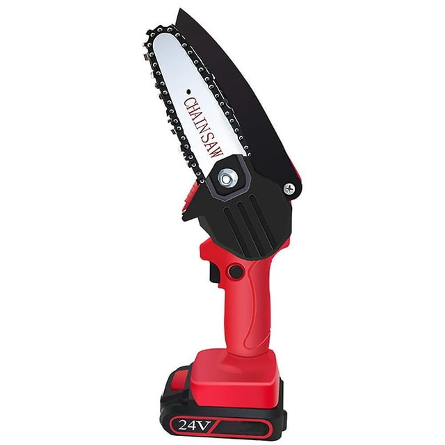 mini Tronçonneuse Électrique 24v au lithium rechargeable Sans Fil, Rouge, Conçue pour le Travail du Bois, la Coupe et l'Élagage. Dotée d'Une Plaque de Guidage de 10,2 cm, d'Une Poignée Ergonomique Antidérapante, d'Un Moteur en Cuivre Pur et d'Une Batterie au lithium de 1500 mAh. Idéale pour les Tâches de Jardin et l'Utilisation d'Équipement Motorisé Extérieur, avec Interrupteur de Verrouillage de Sécurité et Pare-Éclaboussures pour une protection Accrue.