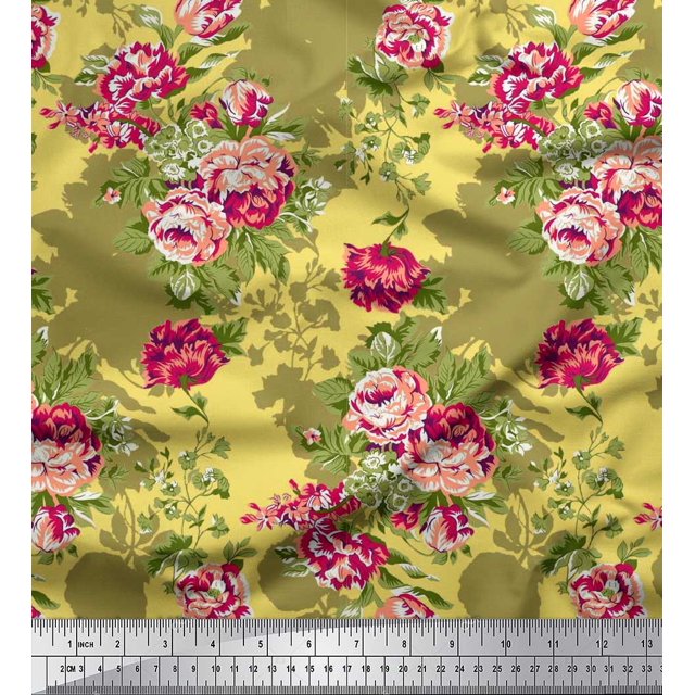 Soimoi Yellow Poly Georgette Fabric Leaves & Grandiflora Roses Floral Print Fabric by Yard 52 Inch Wide