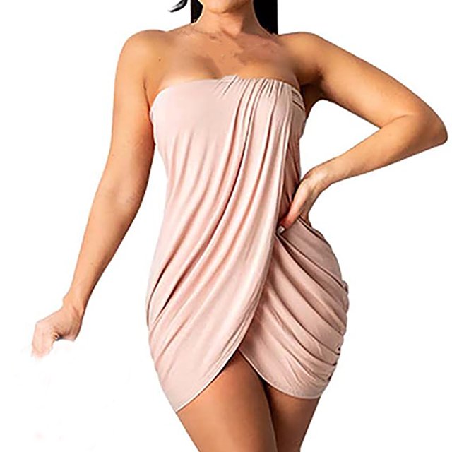 PVCS Women's Summer Solid Wrapped Chest One Shoulder Sexy Wave Pleated Hip Dress