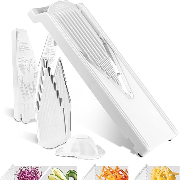 Börner Ensemble de Mandoline Trancheuse, Trancheuse à Légumes 6 Pcs avec Support de Sécurité, Inserts, Plateau et Multiboîte, Blanc