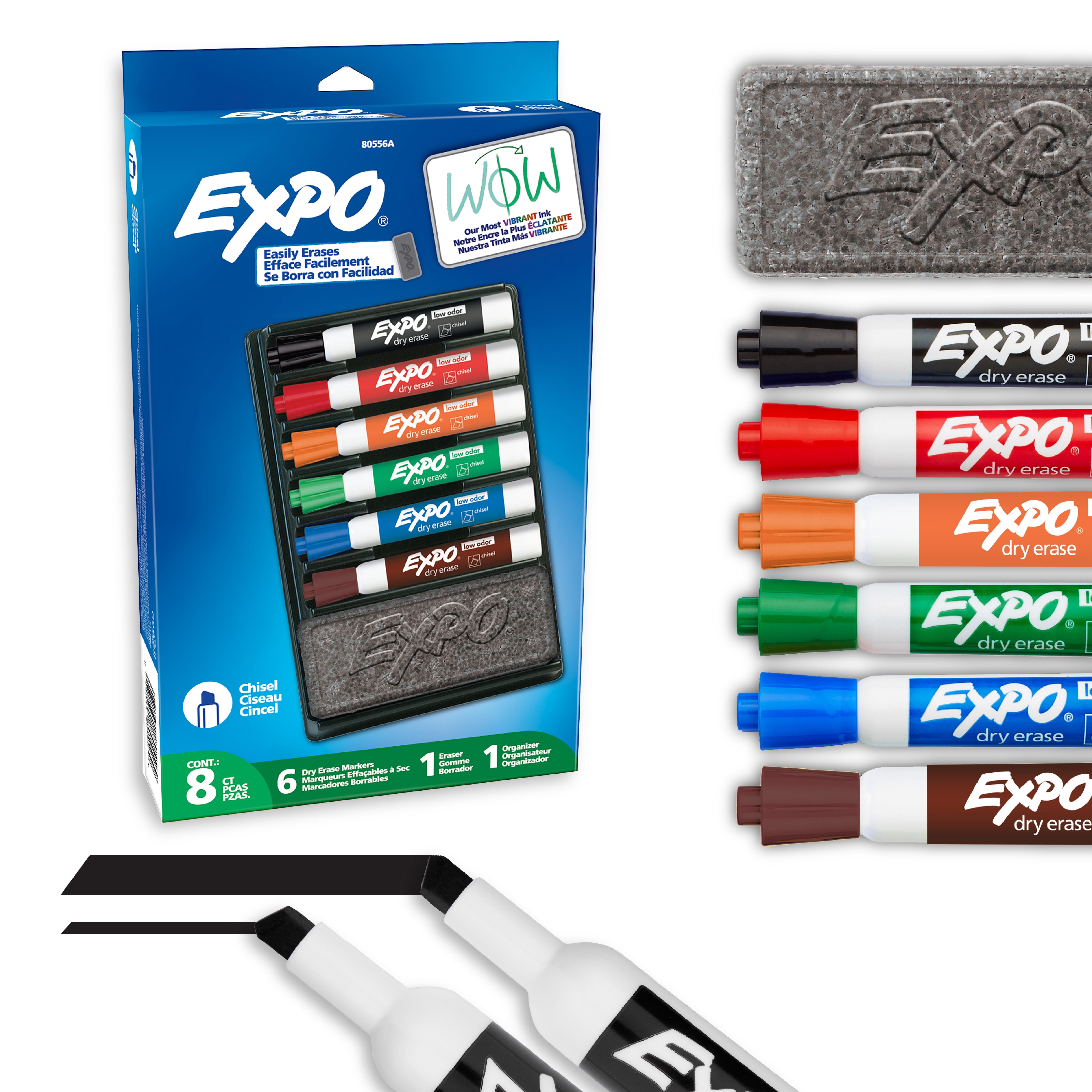 Ensemble de marqueurs effaçables à sec EXPO, pointe biseautée, couleurs variées, efface, support, 8 unités