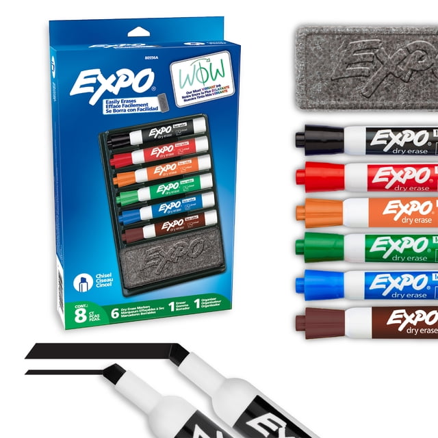 EXPO Marqueurs Effaçables à Sec Ensemble de 8 Pcs avec Encre à Faible Odeur et Pointe Biseautée, Comprenant six Couleurs Assorties Incluant Noir, Rouge, orange, Vert, Bleu et Brun, plus une Gomme et un Plateau Organisateur, Montré avec Deux Marqueurs Dessinant des Lignes Noires pour Démontrer la Polyvalence de la Pointe Biseautée, Convient aux Tableaux Blancs et Autres surfaces Non Poreuses.