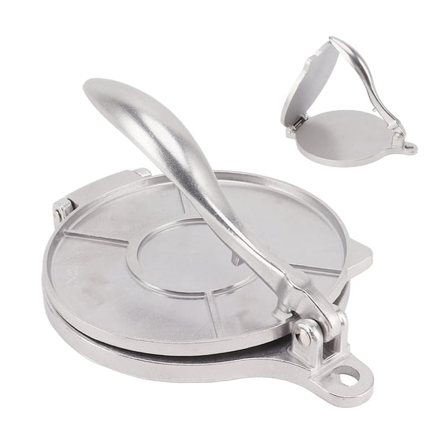 Tortilla Press, Aluminum Alloy Tortilla and Roti Maker designed for efficient and hygienic food preparation. Made from durable silver aluminum alloy, it features a hinged design with a lever handle for easy pressing. Ideal for making tortillas, rotis, hand pies, meat pies, and other pastries, suitable for home kitchens and cooking enthusiasts. A versatile pastry tool and kitchen gadget.