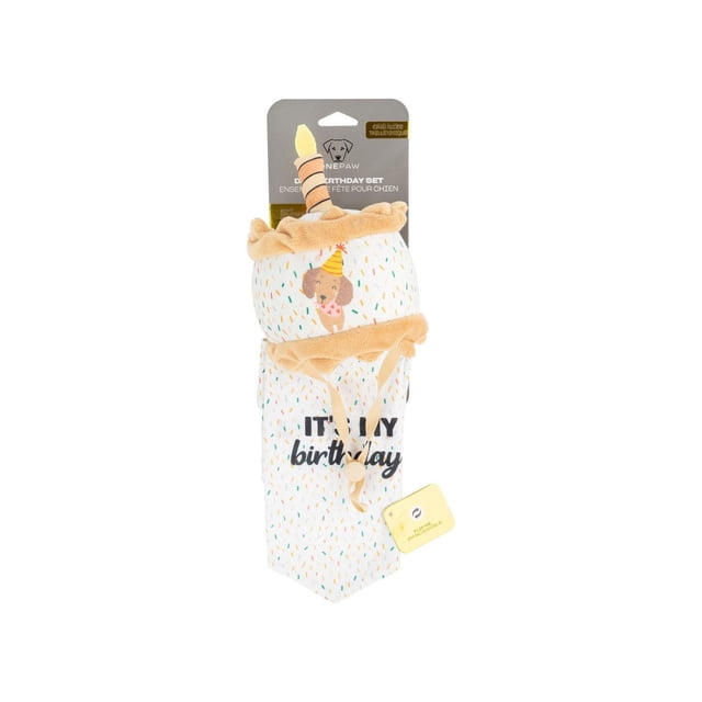 One Paw Birthday Plush Hat & Reversible Bandana for Dogs, featuring a soft plush birthday hat with a candle and a reversible white bandana printed with colorful sprinkles and a dog wearing a party hat, embroidered with 'It's My Birthday' text, designed for small dogs' birthday celebrations.