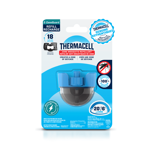 Thermacell Cartouche de Recharge rechargeable Anti-Moustiques en Bleu et Noir, Emballée en blister Bleu et Blanc Affichant une protection de 18 Heures et une zone de Défense contre les Moustiques de 20 Pieds (6 Mètres), Conçue pour la Lutte contre les Insectes à l'Extérieur avec Sécurité Claire et Étiquettes de Marque.