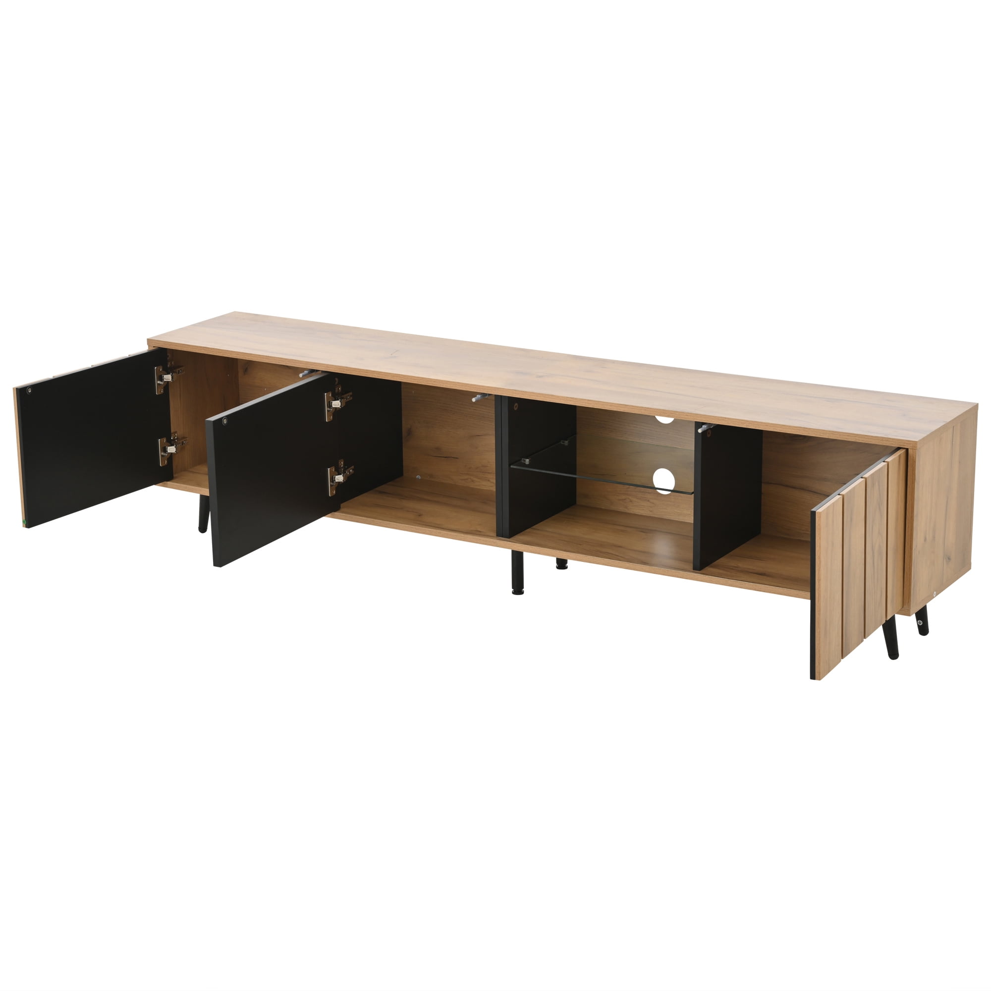 Homy Casa 65" TV Stand, Modern Media Console with Doors, Tempered Glass Shelf, Cable Holes, Natural Wood Black