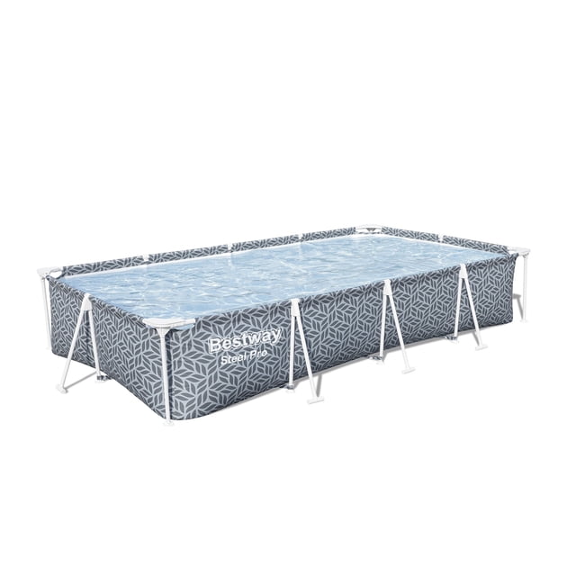 Bestway Steel Pro 12' x 6'7" x 26" Rectangle Above Ground Swimming Pool with a durable grey steel frame and geometric-patterned DuraPlus liner. The pool features a sturdy FrameLink System for secure pipe connections and corrosion resistance. It is filled with water and supported by white metal legs, set against a white background.