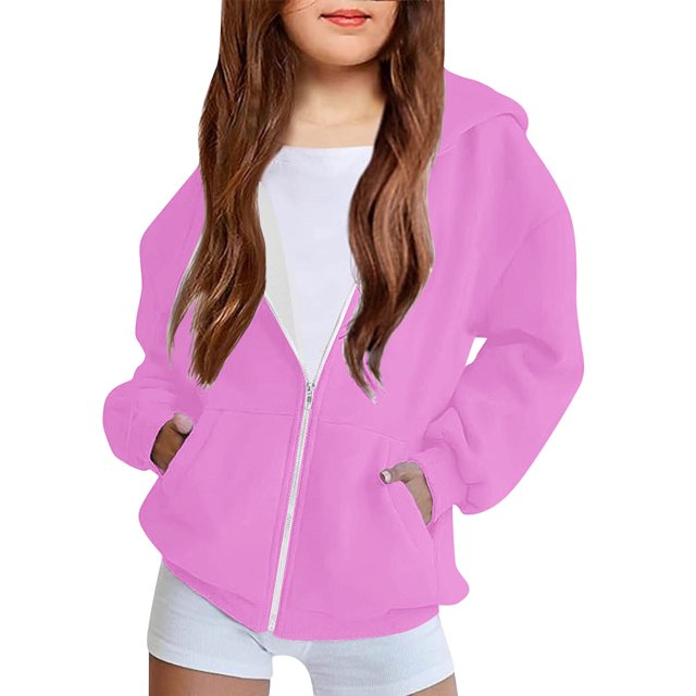 TIMIFIS Chandails pour Enfants Roses à Fermeture Éclair Manches Longues Couleur Unie Décontractés Sport à Capuche Automne et Hiver Vêtements d'Extérieur pour Filles et Garçons