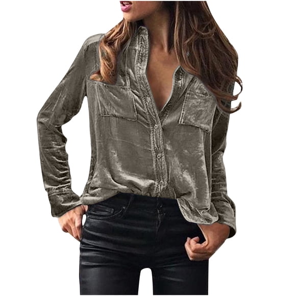 Women's Retro Velvet Blouse Vintage Solid Color Long Sleeve Vintage Business Casual Silver Shirts Button Down Tops Workwear Clothes with Pockets S