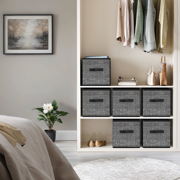 LEDREM Organiseur Cube de Rangement 13 Pouces - Lot de 6 Bacs en Tissu Pliables avec Poignées, Système d'Étagères pour Vêtements, Jouets, Compatible, Noir Classique