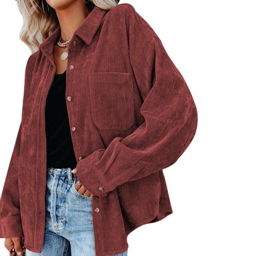 Chemise Femme Décontractée à Boutons, Blouse en Velours Côtelé avec Poche, Blouse à Revers en Velours Côtelé d'Automne, Manteau, Vert, G