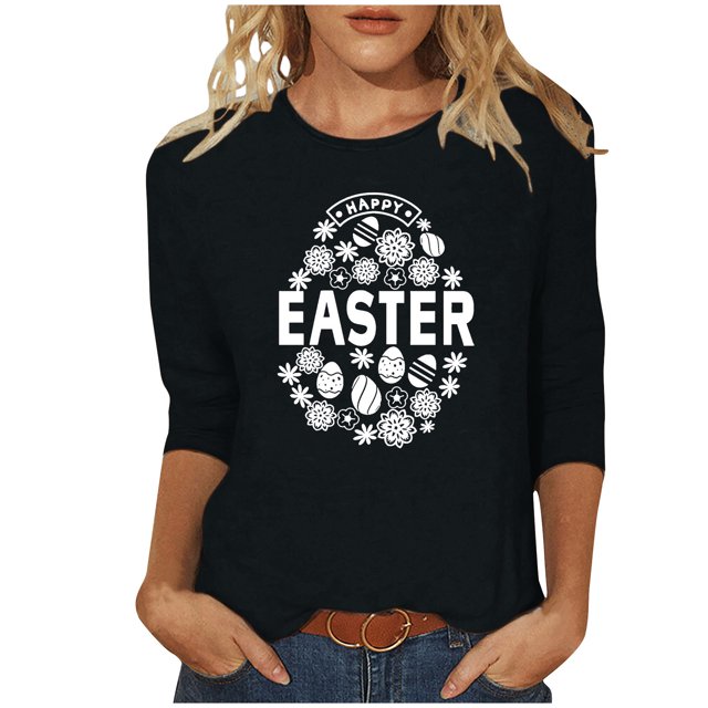 RKSTN Hauts Grande Taille pour Femmes Oeufs de Pâques Lapin Mignon Imprimé Coupe Ample Hauts Col Rond Manches 3/4 Printemps Été Blouse Douce Hauts