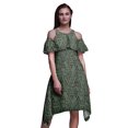 thumbnail image 1 of Bimba Green Geometric Print Cold Shoulder Women Swing Tunic Flutter Sleeve Midi Dress - X-Small, 1 of 1