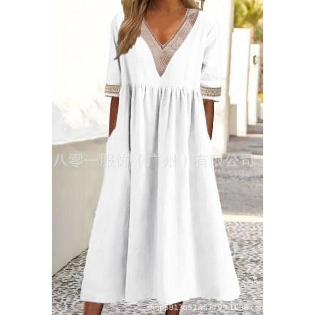 Contrast Color Loose A-Line Party Dress for Women with Short Sleeves