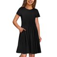 thumbnail image 1 of Girls' Solid Round Neck Short Sleeve Casual Dress with Pocket - Comfortable for Ages 3-12, Spring/Summer Versatile Wear, 1 of 7