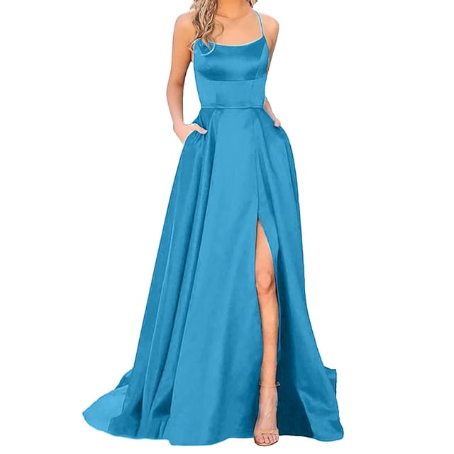 B91xZ Robe Maxi Femmes Décontractée Lounge Longue Robe Élégante Sans Manches Col Ras du Cou Moulante Robes Maxi, Bleu Ciel P