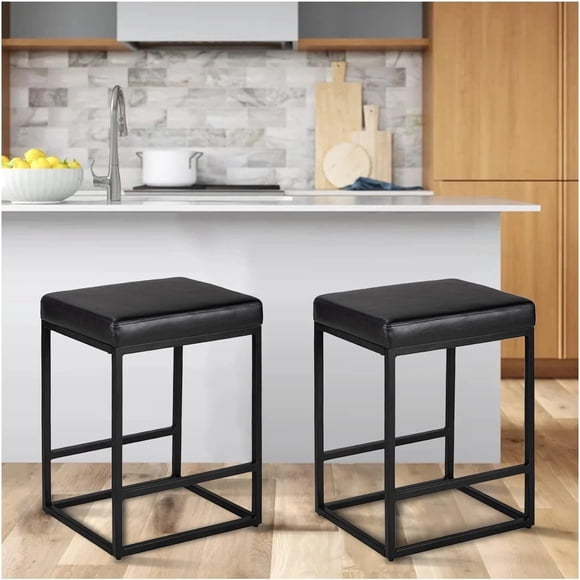 2PCS Square Bar Stool Set, 24" Counter Height Bar Stools with PU Leather Cushion, Heavy-Duty Metal Frame, Footrest, Non-Slip Feet for Kitchen Island, Bar & Dining - Black
