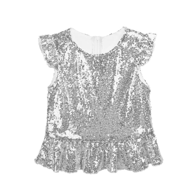 Oyolan Kids Girls Sequins Ruffled Top Mermaid Costume Flutter Sleeve Peplum Blouse for Carnival Performance Silver 8