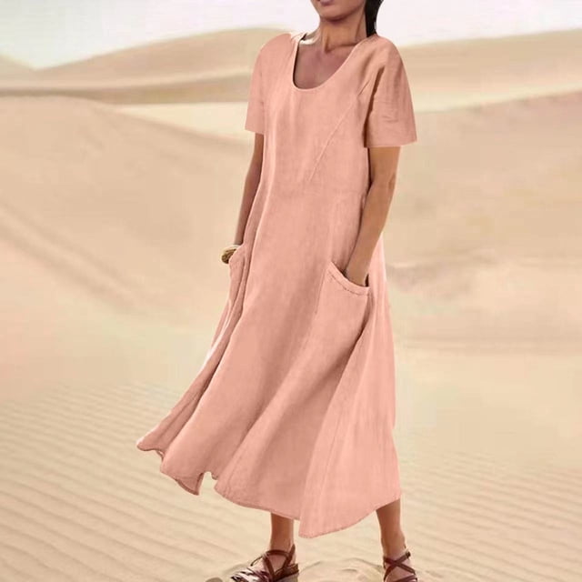 UPPADA Robes d'Été pour Femmes 2025 Robes d'Été pour Femmes 2025 Robe en Coton et Lin à Manches Courtes Col Rond Ample Décontractée Tunique Robes de Plage avec Poches Vestidos Para Fiestas Elegantes