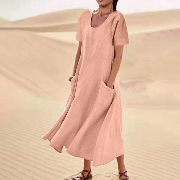 Women's Summer Short Sleeve Maxi Dresses Scoop Neck Plain Cotton Linen Dress Casual Loose Spring Long Dress with Pockets