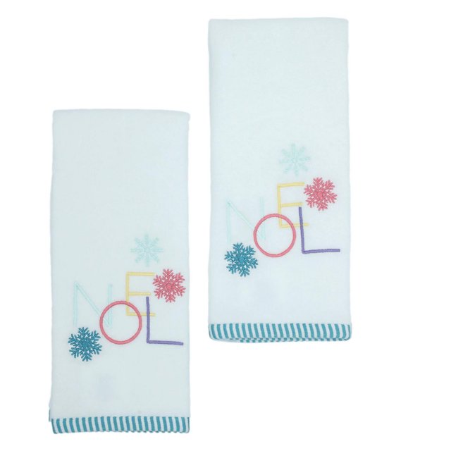 Holiday Time Hand Towels, set of two white 100% cotton towels with embroidered colorful 'NOEL' letters and snowflakes in blue, red, yellow, and purple, trimmed with blue stripes, suitable for bathroom use and seasonal decoration.