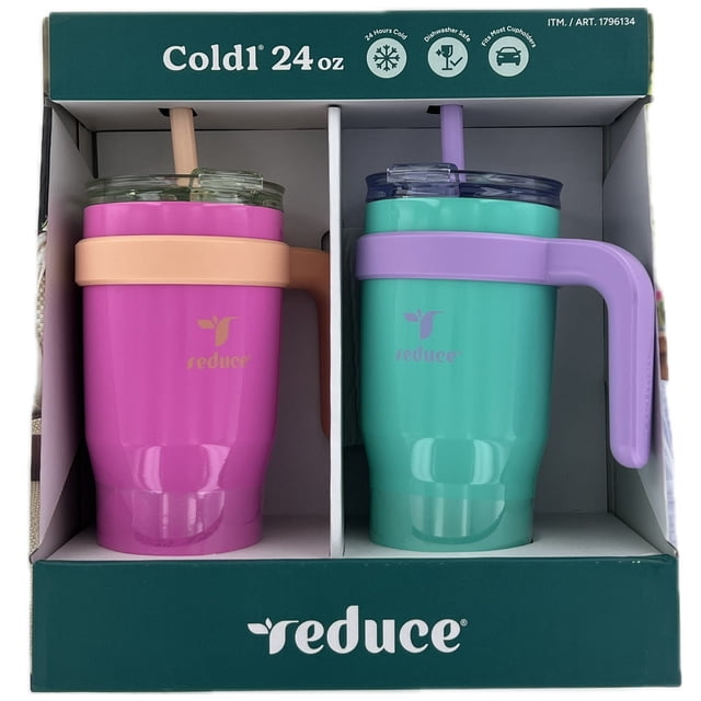 Reduce Cold1 Tasse Isolée 24oz (710 ml), Lot de 2 – Acier Inoxydable, Couvercle 3‐en‐1, Rose/sarcelle