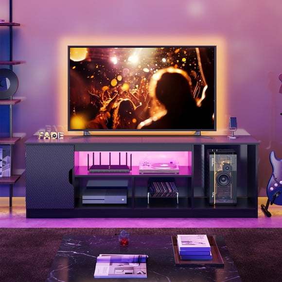Bestier Meuble TV à DEL de 63 Pouces pour Téléviseurs jusqu'à 70 Pouces, Centre de Divertissement de Jeu avec Rangement PS5, Table Console Multimédia Moderne avec Étagères de Rangement à 2 Niveaux, Fibre de Carbone Noire