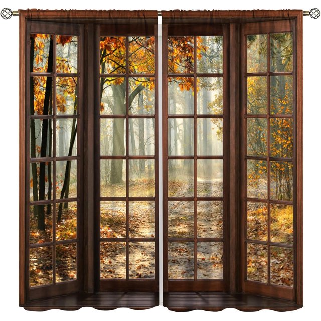 Fall Kitchen Curtains Grommet Waterproof Window Drapes with Autumn Forest Tree Outside Wooden Window Print Pattern Decorative Privacy Curtains for Bedroom Bathroom Cafe 2 Panels 27.5 x 39 Inch