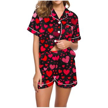 Tnhcen Women's 2 - Piece Short - Sleeve Pj Sets Cute Heart Print Button - Down Shirt & Lounge Shorts Pajamas