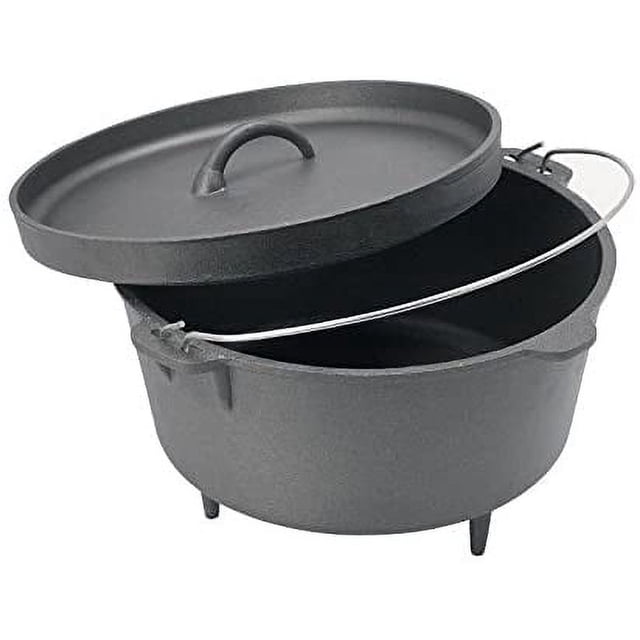 CUISILAND 9QT Pre-Seasoned Lip Lid Cast Iron Dutch Oven with Lid front-facing centered 9‑quart pre-seasoned cast iron Dutch oven with matching lip lid and separate lid lifter; smooth pre-seasoned interior, heavy round body, two loop side handles for transport, lip lid designed to hold coals for even heat distribution, often used for slow-simmering stews or campfire cooking.