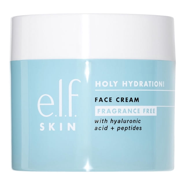 e.l.f. cosmetics Holy Hydration Face Cream - Fragrance Free in a light blue jar with white lid, containing hyaluronic acid, peptides, and niacinamide to maintain skin moisture balance and hydration, suitable for all skin types.
