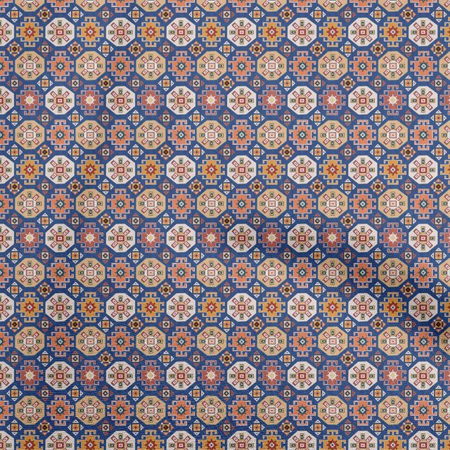 oneOone Polyester Spandex Medium Blue Fabric Asian Kilim Sewing Material Print Fabric By The Yard 56 Inch Wide