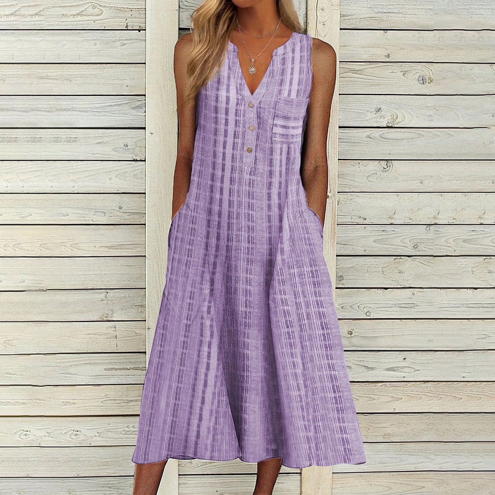 Cameland Robe Maxi Décontractée de Mode pour Femme Sans Manches à Col en V à Boutons à Rayures Imprimées avec Poches Violet m