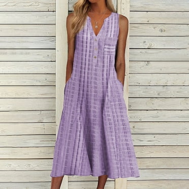 Cameland Women's Fashion Casual Sleeveless V-Neck Button Striped Print Pocket Maxi Dress Purple M