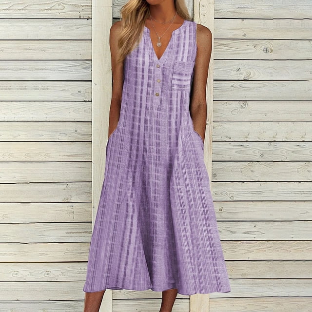 Cameland Robe Maxi Décontractée de Mode pour Femme Sans Manches à Col en V à Boutons à Rayures Imprimées avec Poches Violet m