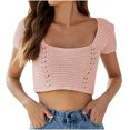 thumbnail image 1 of Hauts Courts à Encolure Carrée pour Femmes, Manches Courtes, Tricot au Crochet, Hauts de Sortie, T-Shirts Courts Basiques Ajustés, 1 of 4