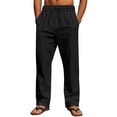 thumbnail image 1 of WRKEKC Casual Pants for Men Solid Color Spring Summer Thin Cotton Linen Look Leisure Straight Leg Tie Drawstring Trousers, 1 of 9
