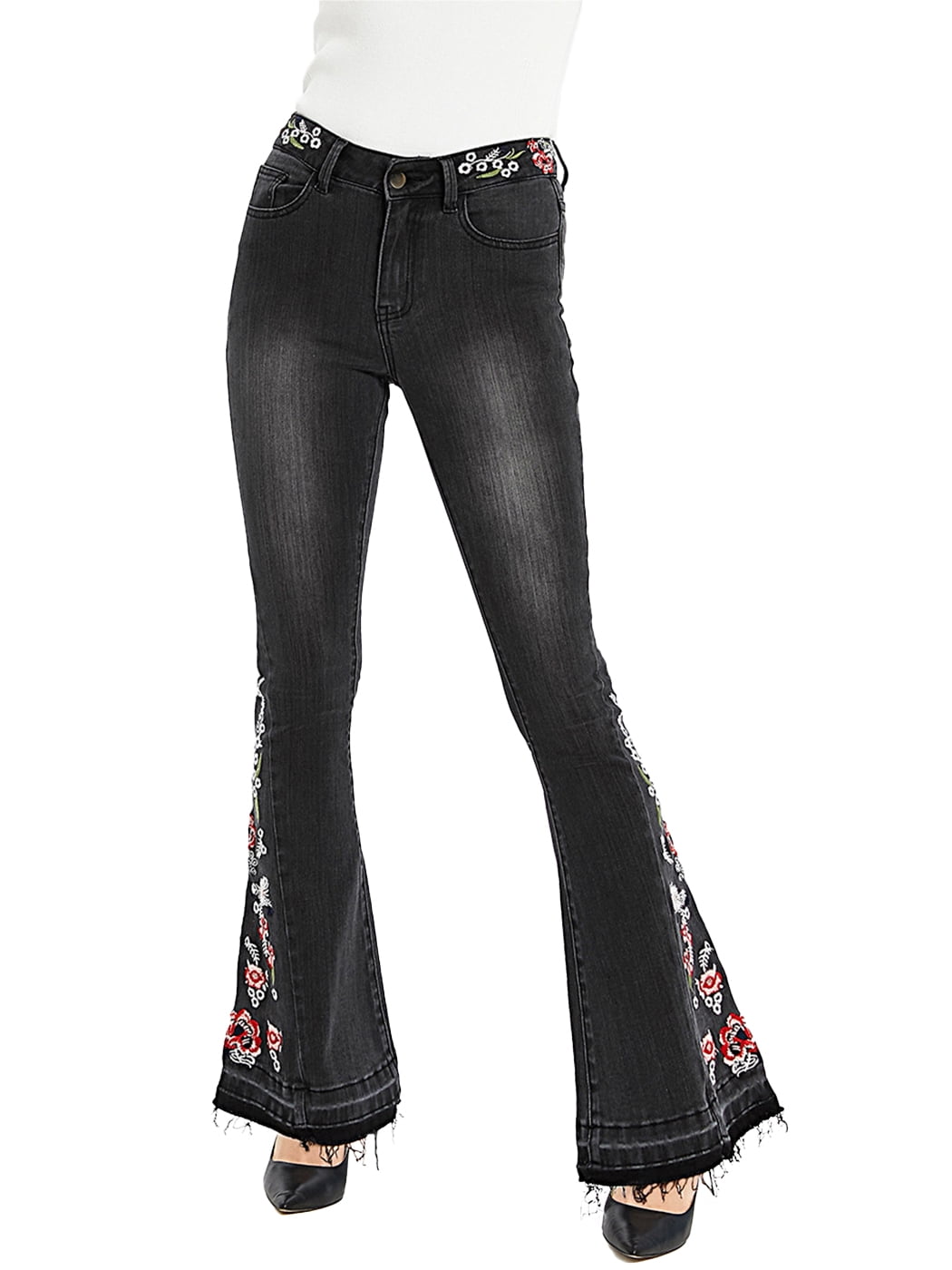 Feinuhan Jeans Rétro Taille Haute à Pattes d'Éléphant pour Femmes, Broderie Florale Marguerite, Denim Classique,