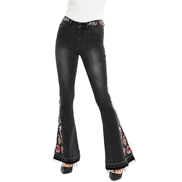 Womens Floral Daisy Embroidered Mid Rise Bell Bottom Flare Frayed Hem Jeans