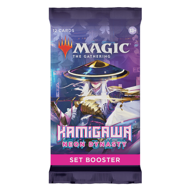Magic: The Gathering Set Booster Pack MTG Kamigawa Neon Dynasty with multicolour cyberpunk samurai and sci-fi-themed artwork. Includes 12 trading cards per pack, with 1–4 cards of rarity Rare or higher.