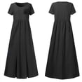 thumbnail image 4 of Robes Boho pour Femmes Été Plage Coton Lin Robe Maxi Col Ras du Cou Manches Courtes Fendue Vacances Robe Longue Unie, 4 of 4