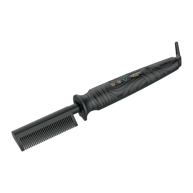 The Curl Collective ™ Ceramic Pressing Comb in black with a ceramic comb head and ergonomic handle featuring a 450°F digital heat display and control buttons, designed for root-to-tip straightening and smoothing of curly, wavy, and coily hair with 9 heat settings and ceramic technology to reduce heat damage.