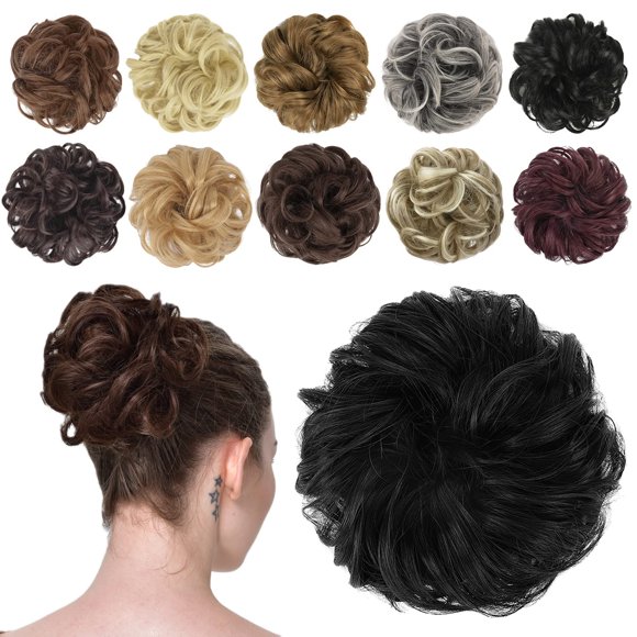 FESHFEN Messy Bun Hair Piece Hair Bun Scrunchies Natural Black Synthetic Wavy Chignon Ponytail Hair Extensions Thick Updo Hairpieces for Women Girls 1PCS