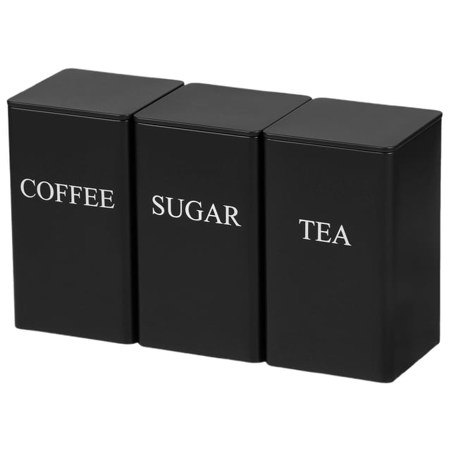 3 Pcs Coffee Tea Sugar Container Set, 3.35x3.35x5.9 Inch,Metal Teas and Coffee Canisters Set with Lids, Black Canisters Sets for Kitchen,Food Storage Container Jars for Kitchen Counter Storage(Black)