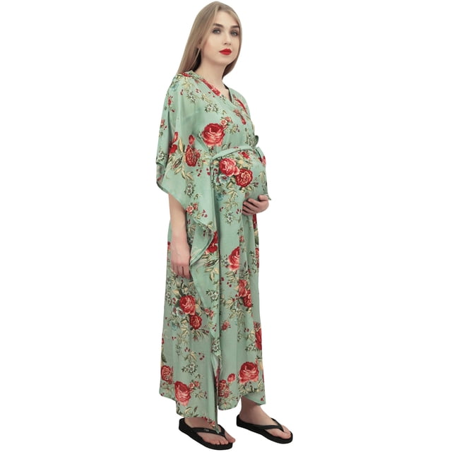 Bimba Robe Maxi de Maternité pour Mamans, Kaftan Vert Poussiéreux à Imprimé Floral avec Ceinture-14