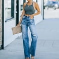 thumbnail image 4 of Pisexur Wide Leg Ripped Jeans for Women, Casual Solid Color High Waisted Jeans Bootcut Straight Full Length Pants with Pocket, 4 of 7