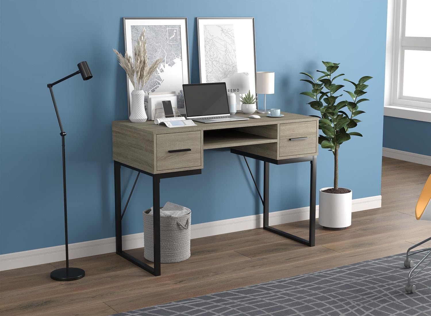 Safdie & Co. Computer Writing Desk 42.5in Long Dark Taupe with 2 Drawers 1 Shelf and Black Metal for Home Office and Small Spaces. Ideal for writing, gaming, study, work from home.