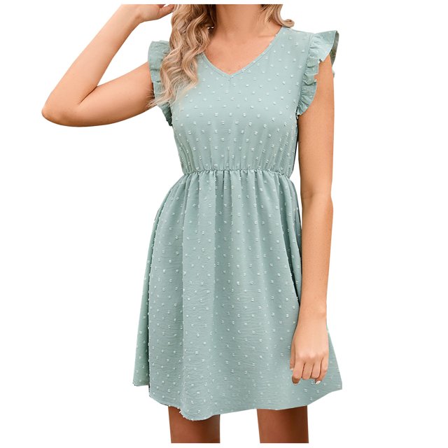 AherBiu Robe Bohème pour Femmes, Épaules à Volants, Col en V à Pois, Taille Élastique, Froncée, Fluide, Courte