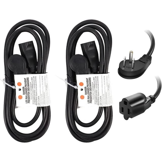 EP Lot de 2 Fiche Plate de 6 Pi 16/3 pour Rallonge Intérieure en Noir, avec Fiche Inclinée à Profil Bas pour Espaces Étroits. Conçue avec une Gaine en Vinyle durable Qui Résiste à l'Humidité, à l'Abrasion et au Soleil. Comprend des Fiches à 3 Broches Mise à la Terre avec Lames Renforcées pour Empêcher la Flexion Ou la Cassure. Convient à une Utilisation Intérieure avec des Appareils Ménagers Haute Puissance comme des Ordinateurs Portables, des Chargeurs de Téléphone et des Micro-Ondes. Homologué pour 13A,